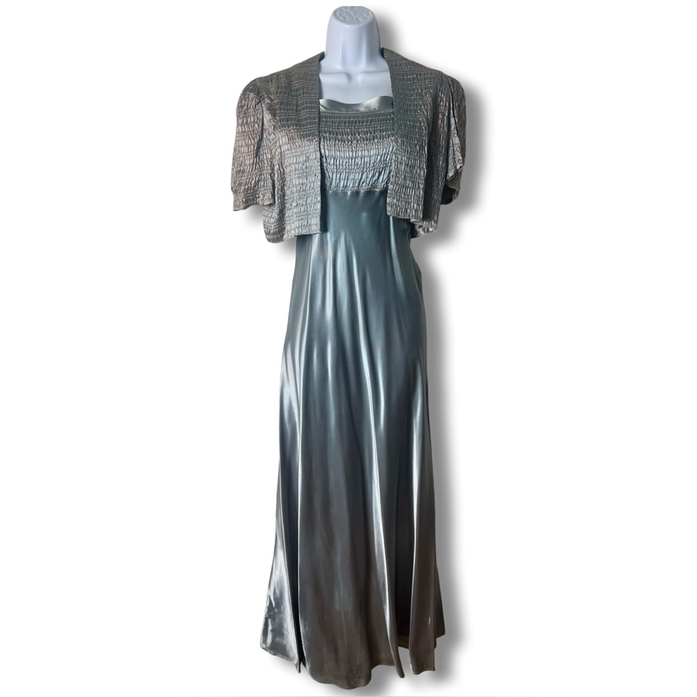 La Parisienne Creators SF Vintage Blue Satin Smocked Gown‎ + Shrug 2pc 40s Sz. S